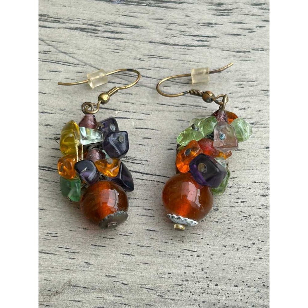 Boho Multi Color Glass Chip Cluster Dangle Earrings Antique Bronze Tone Hook